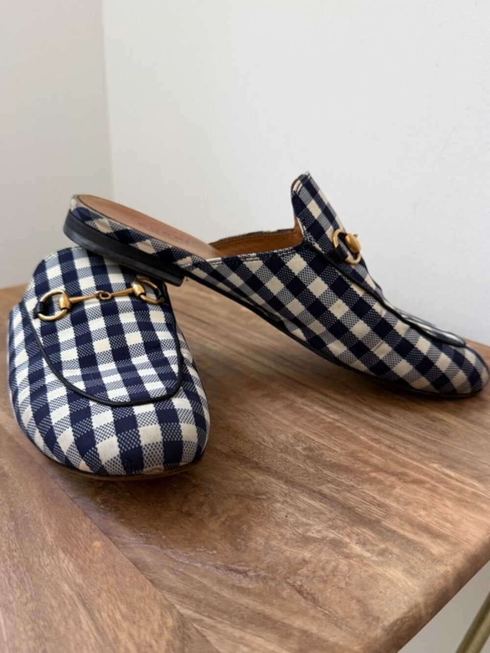 GUCCI Princetown Gingham Navy Blue White Canvas Mules Sliders 38.5 US 8.5